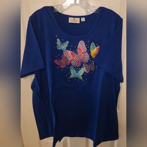Quacker Factory Blue Top with Colorful Butterfly Design